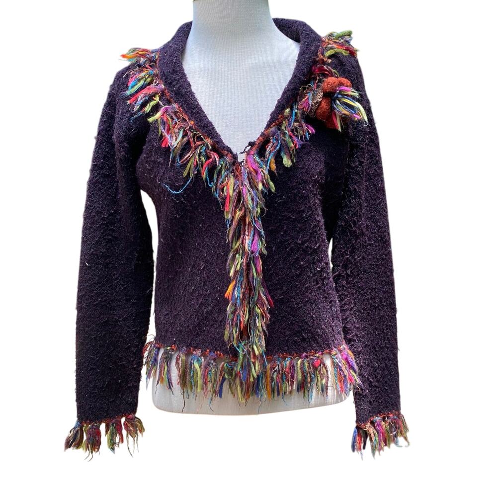 Rainbow Fringe Black Cardigan Wool Mohair Blend Sweater Size Small Curio